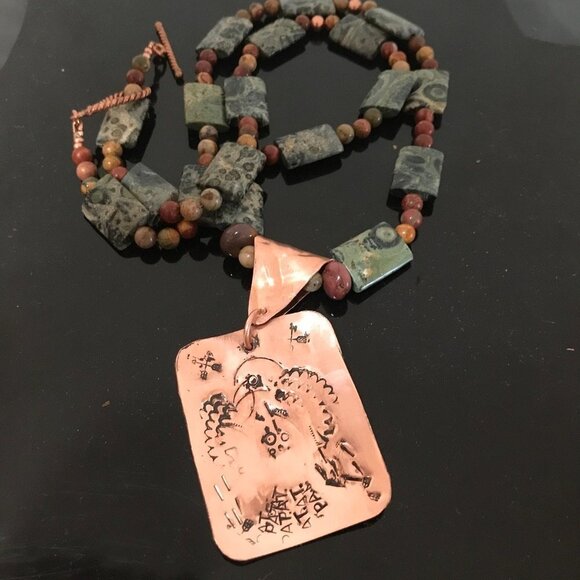 Copper Phoenix Eagle Dog Tag Mookite Jasper Necklace Long Gemstone - Picture 6 of 10
